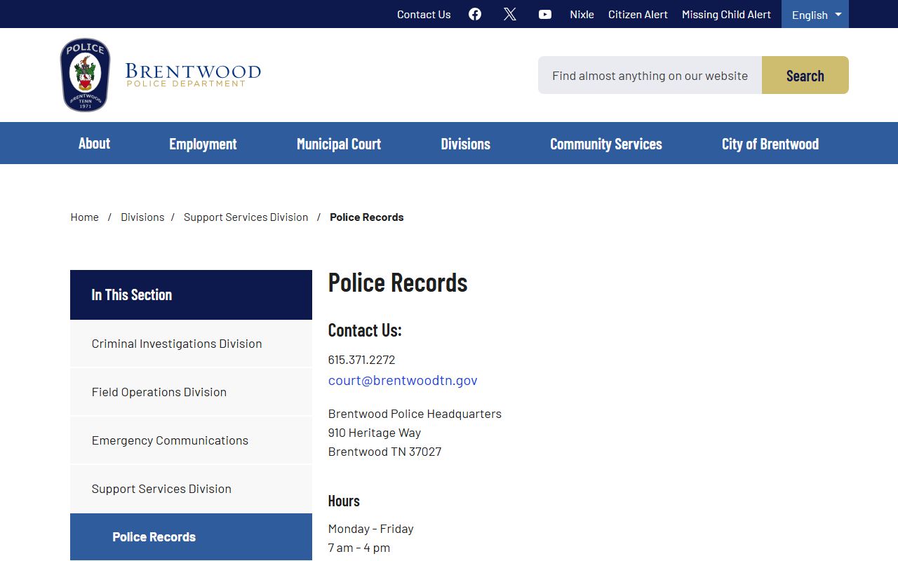 Brentwood Police Blotter records window and records page