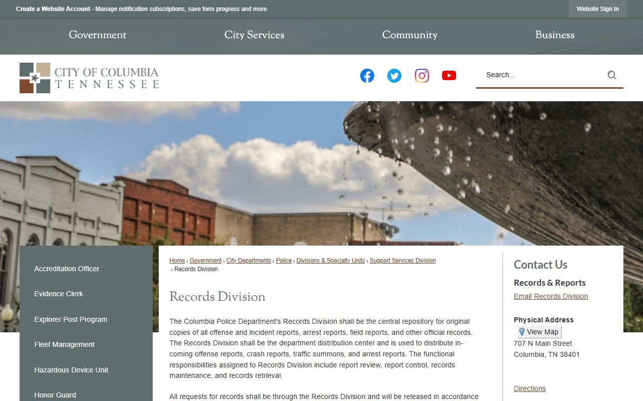 Columbia Police Blotter records division page