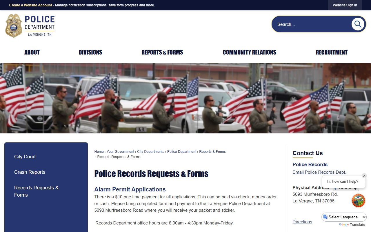 La Vergne Police Blotter records request forms page