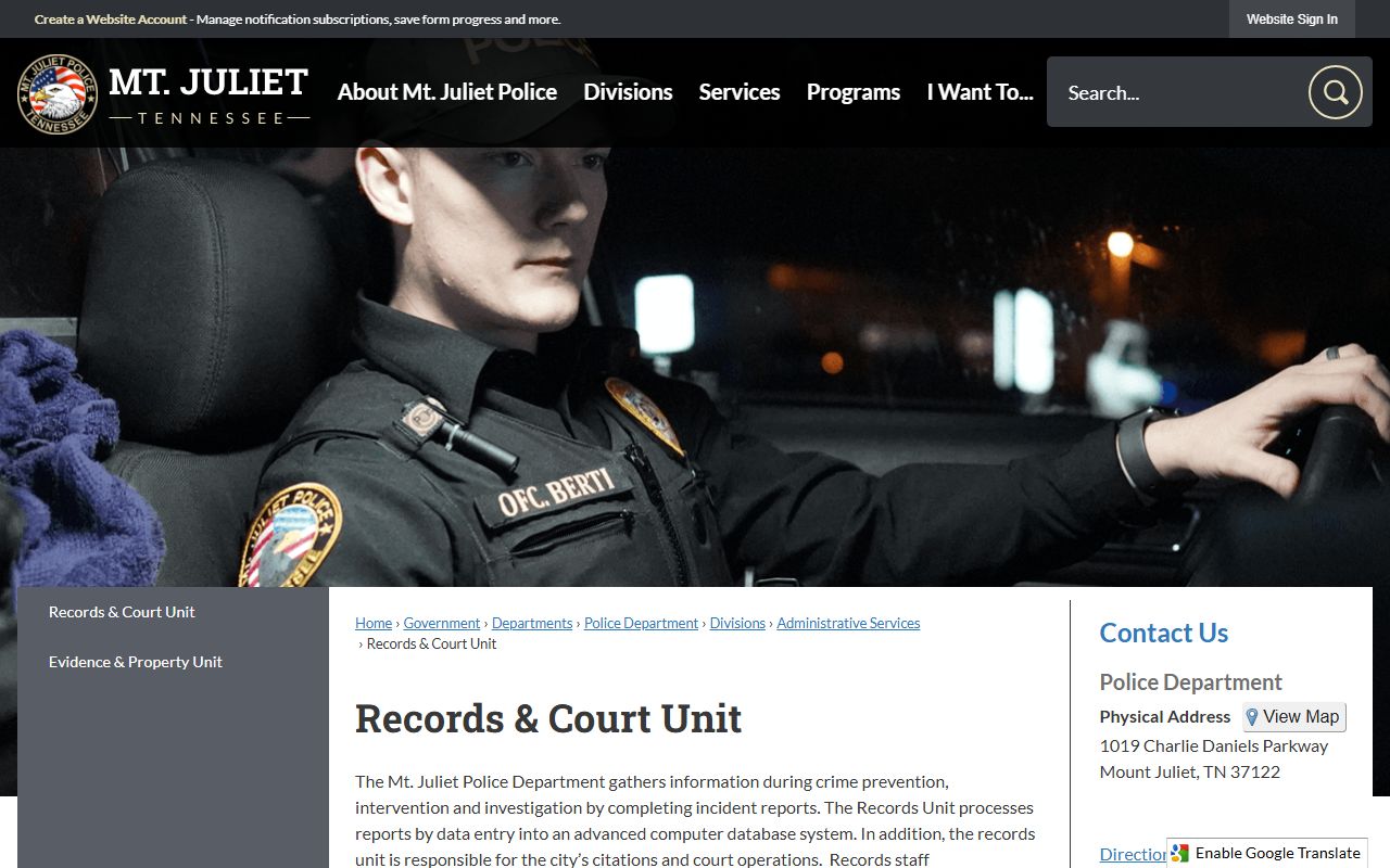 Mount Juliet police blotter records and court unit