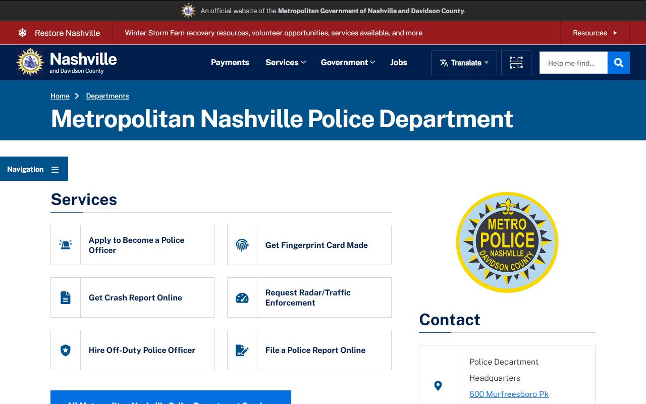Nashville Police Blotter source on the Metropolitan Nashville Police Department site