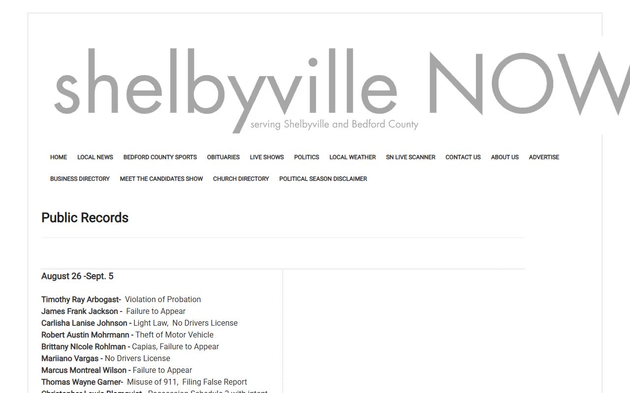 Shelbyville Police Blotter public records page