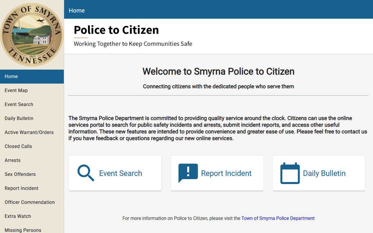 Smyrna Police Blotter Police to Citizen portal