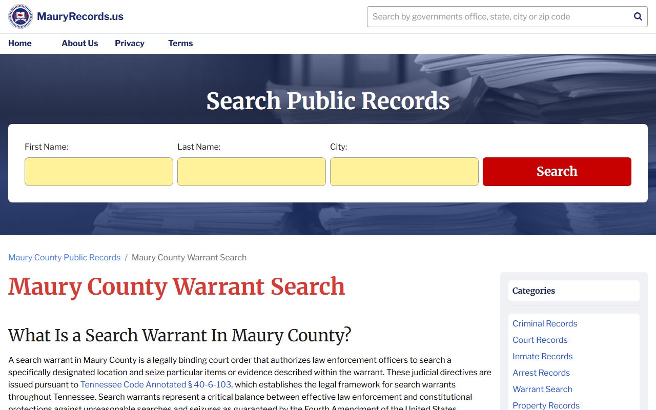 Maury County Police Blotter warrant search page