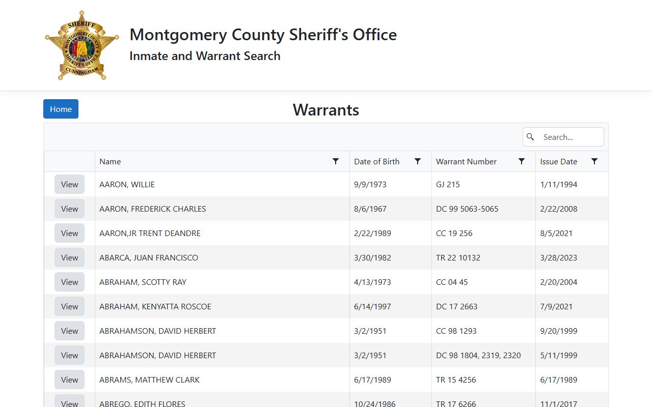 Montgomery County Police Blotter jail and warrants search page