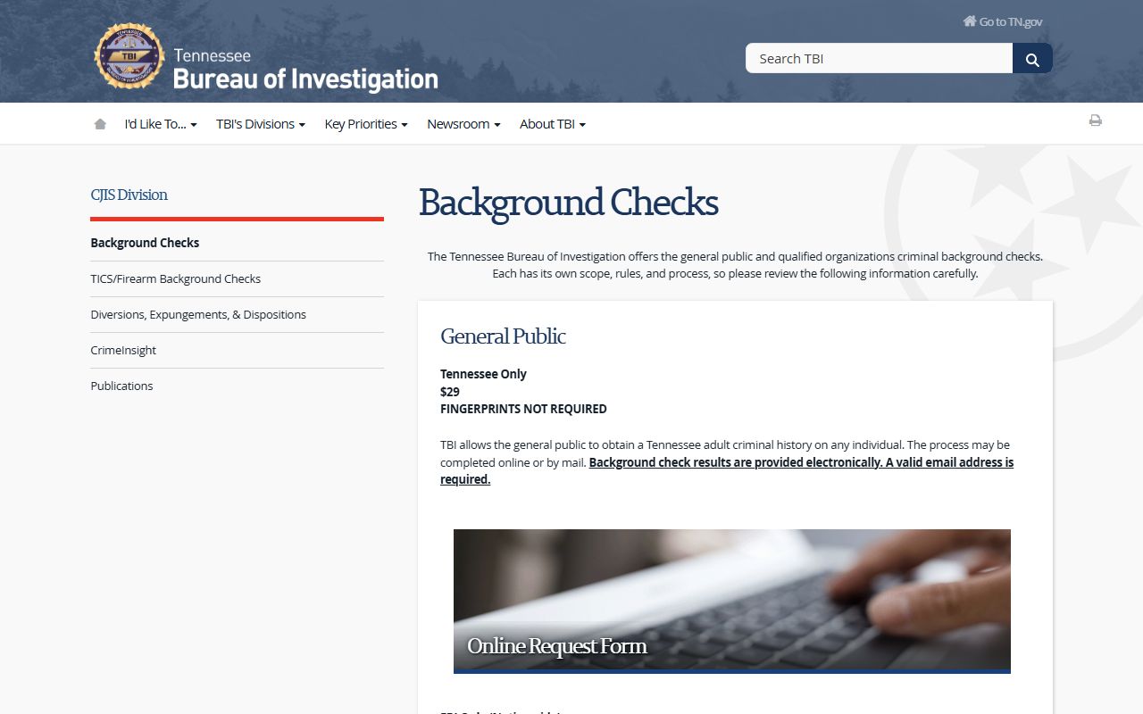 Tennessee police blotter background check request page