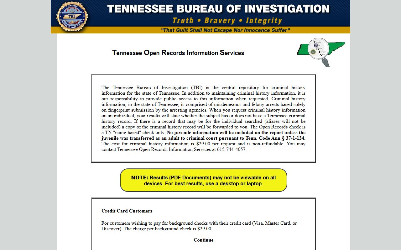 Tennessee police blotter TBI TORIS criminal history search