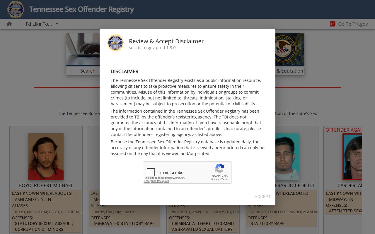 Tennessee police blotter sex offender registry search portal